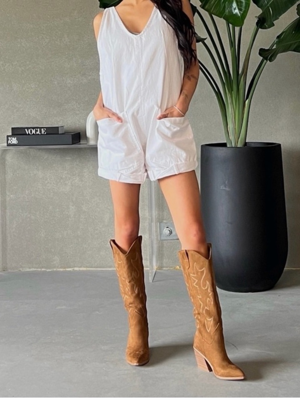 Free People White Sleeveless Pocketed Romper Shorts
